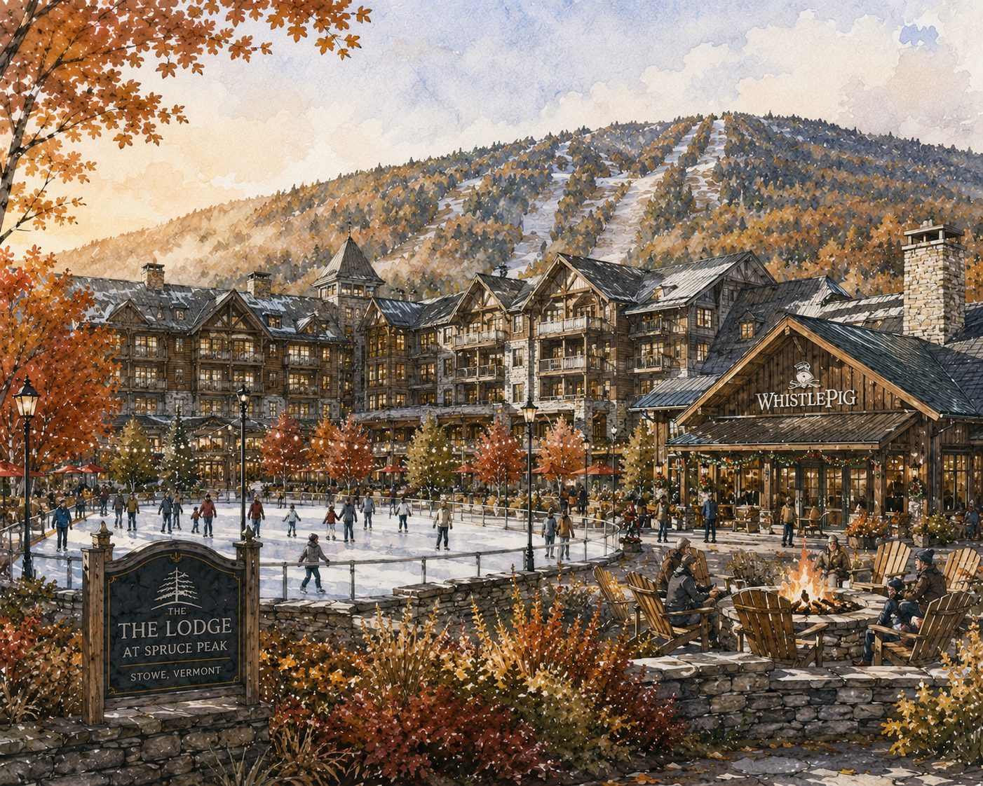 Fall illustration of The Lodge at Spruce Peak in Stowe, Vermont with mountain views, colorful foliage and the outdoor village.