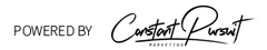 A black and white logo that says `` powered by constant pursuit ''