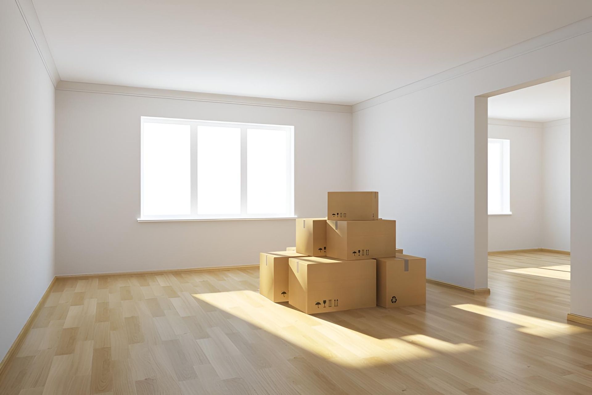 An Empty Room With a Stack of Cardboard Boxes on the Floor — Roderick Removals & Van Lines In Emerald, QLD