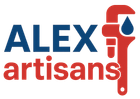 Un logo pour Alex Artisans avec une clé et une goutte d'eau.