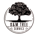 Black and white logo: tree inside a circle, with "D&M TREE SERVICE" text.