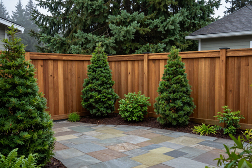 Backyard with cedar fence, paver patio, and trimmed trees.