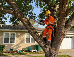 Arborist in orange safety gear trimming a tree in front of a suburban house.