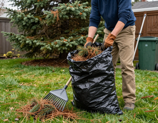 Person raking leaves into a black yard waste bag on a lawn.