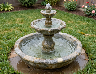 Two-tier stone fountain in a grassy garden, with water flowing into a round basin.