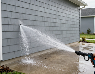 Exterior house siding and driveway being pressure washed.