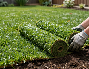 Fresh green sod rolls being installed on a lawn.
