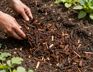 Dark bark dust mulch being spread in a garden bed.