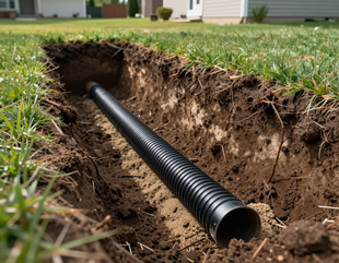 Drainage pipe installation trench in a residential yard.
