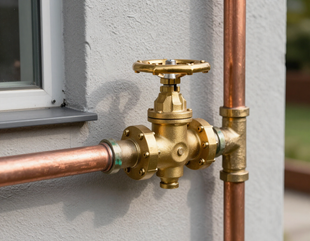 Brass water shutoff valve on copper pipes mounted on an exterior wall.