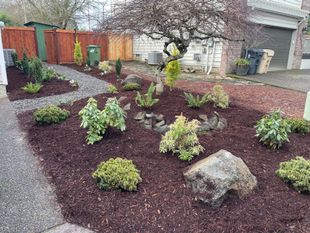 Landscaped front yard with mulch beds, small shrubs, and a large rock near a house driveway
