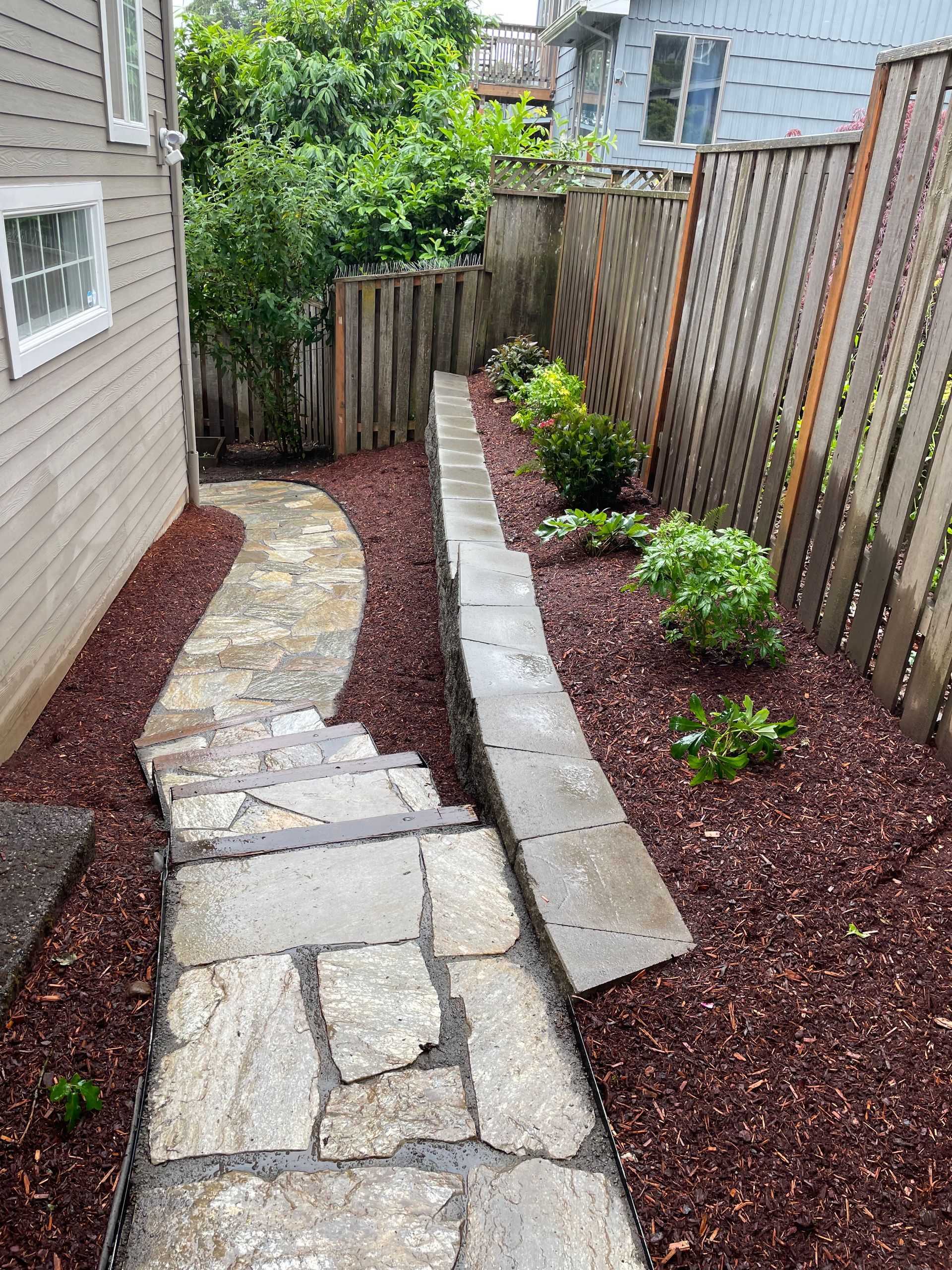 Narrow stone walkway beside a house, bordered by red mulch, shrubs, and a wooden fence.