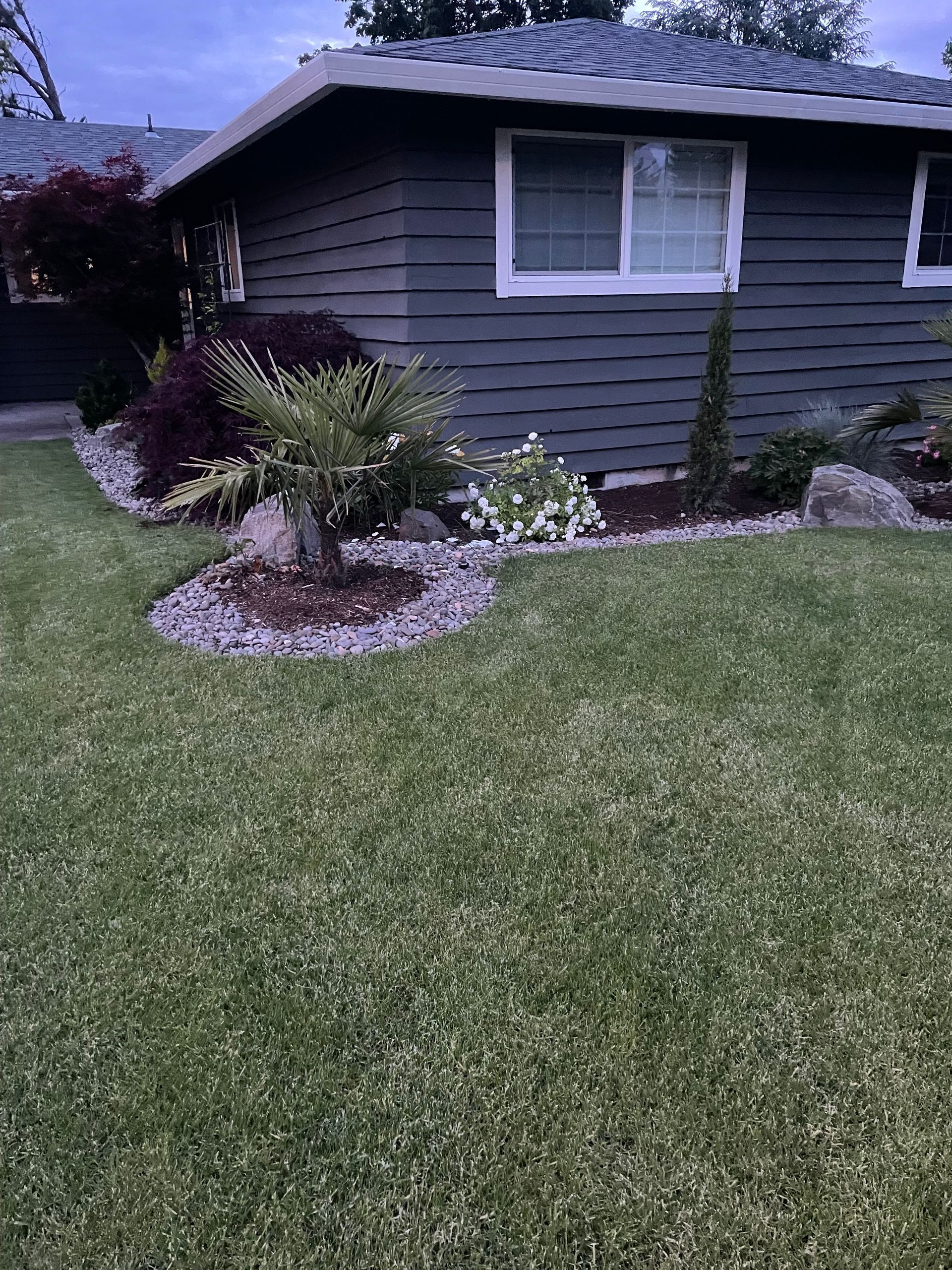 Gray house exterior with white-trimmed window, green lawn, and small landscaped flower beds.