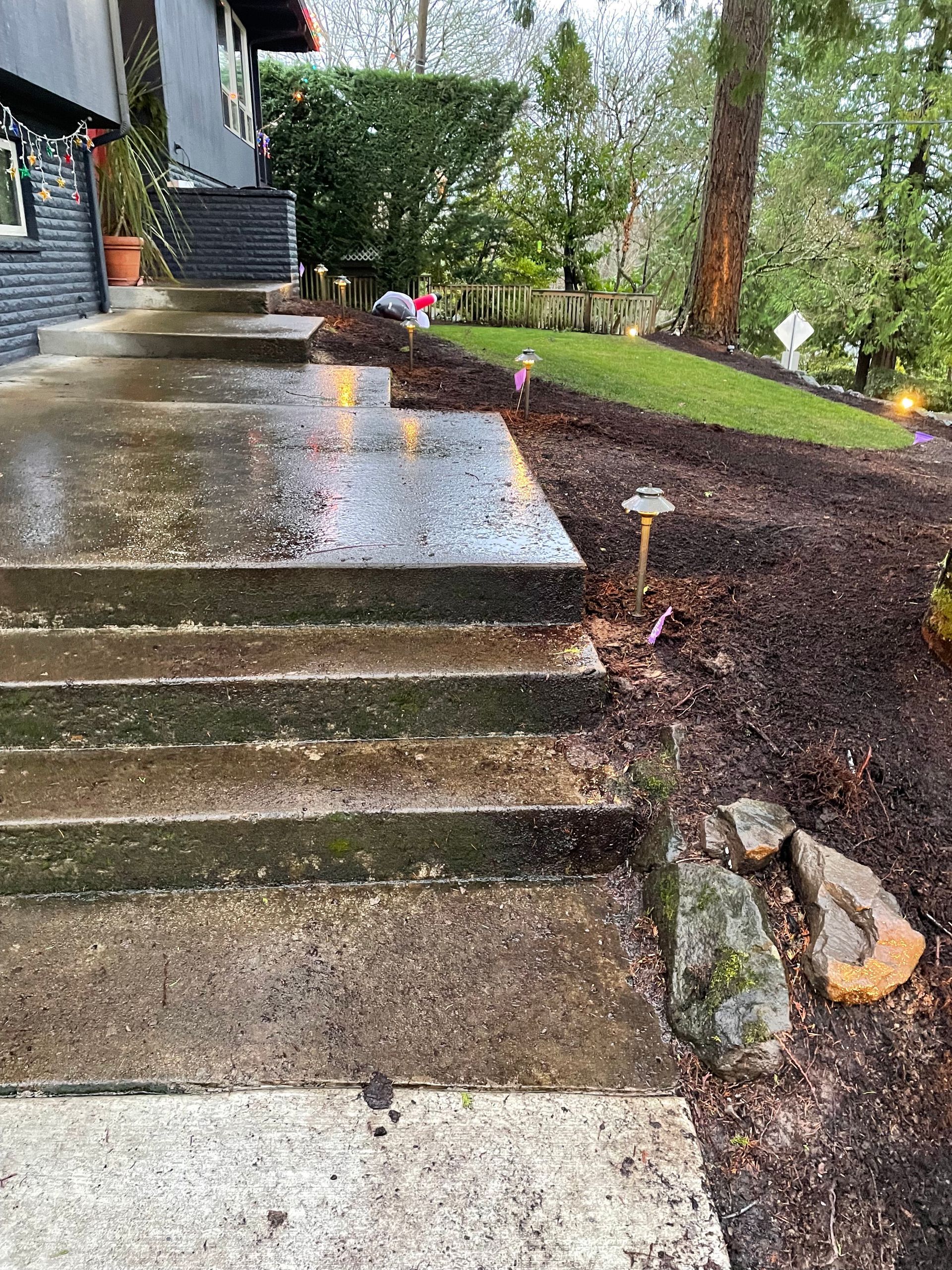 Wet outdoor steps beside a house, leading up a garden path after rain
