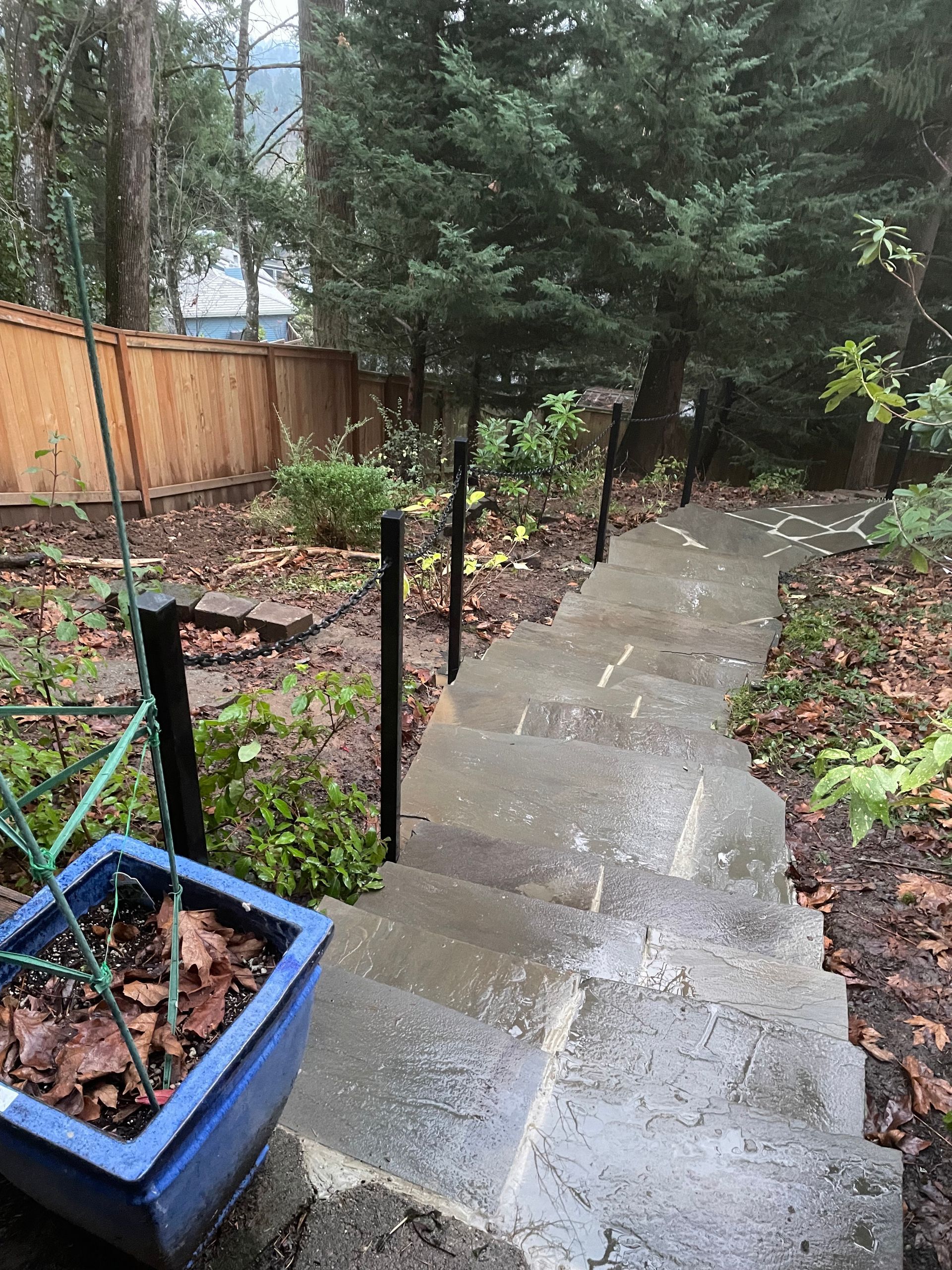 Wet stone garden path beside a wooden fence, trees, and a blue planter in a backyard.