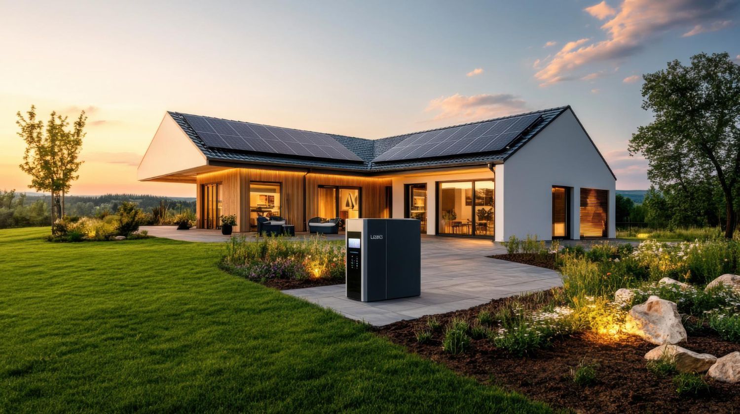 Modern house with solar panels at sunset, lit patio, and a green lawn.