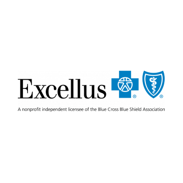 Excellus logo with blue Blue Cross Blue Shield emblems on a white background