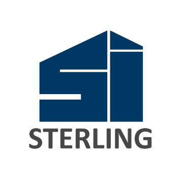Blue geometric house logo with the word “STERLING” below it