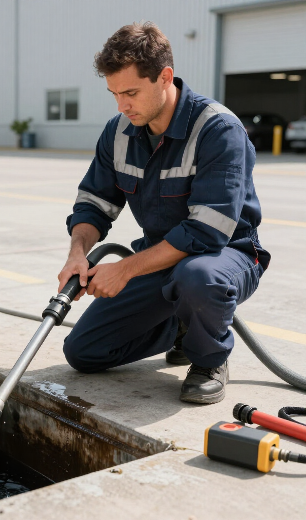 Worker in blue coveralls crouches by an open manhole, using a probe beside a utility truck.
