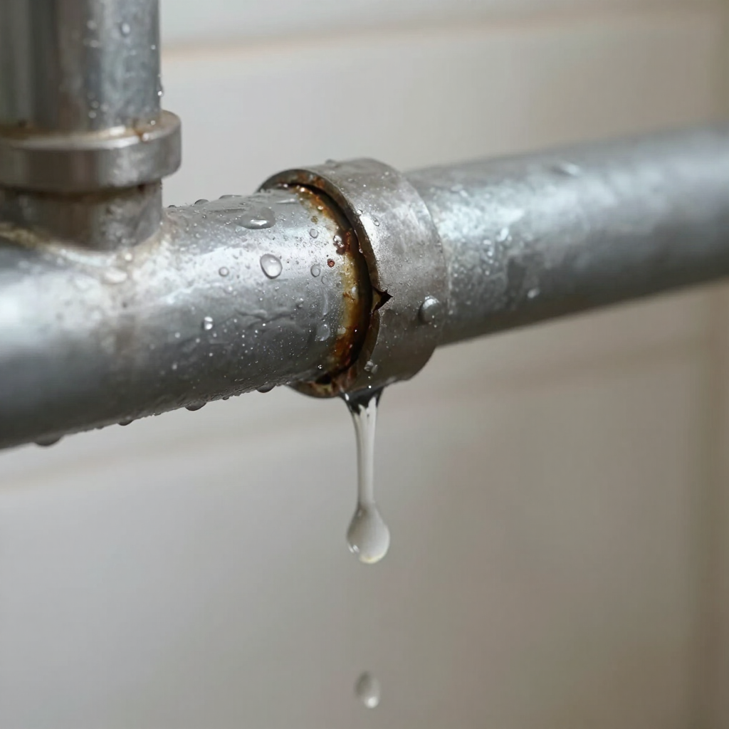 Leaking metal pipe joint with water dripping from a rusty seam