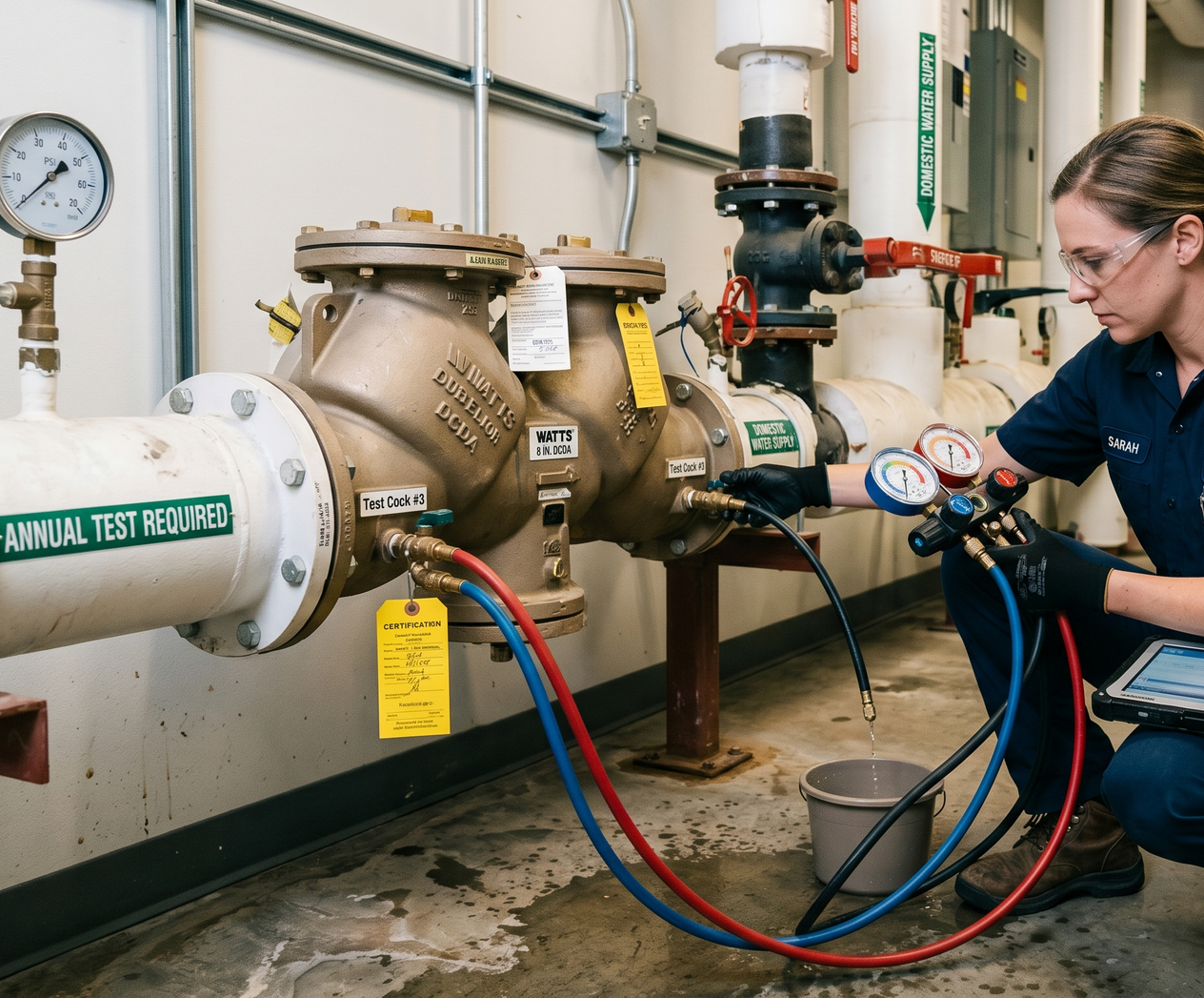 Technician inspecting industrial pipes with gauges and hoses in a mechanical room