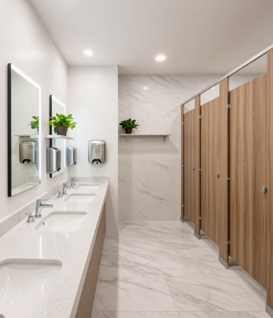 Modern public restroom with white sinks, mirrors, and wooden stall doors on marble flooring