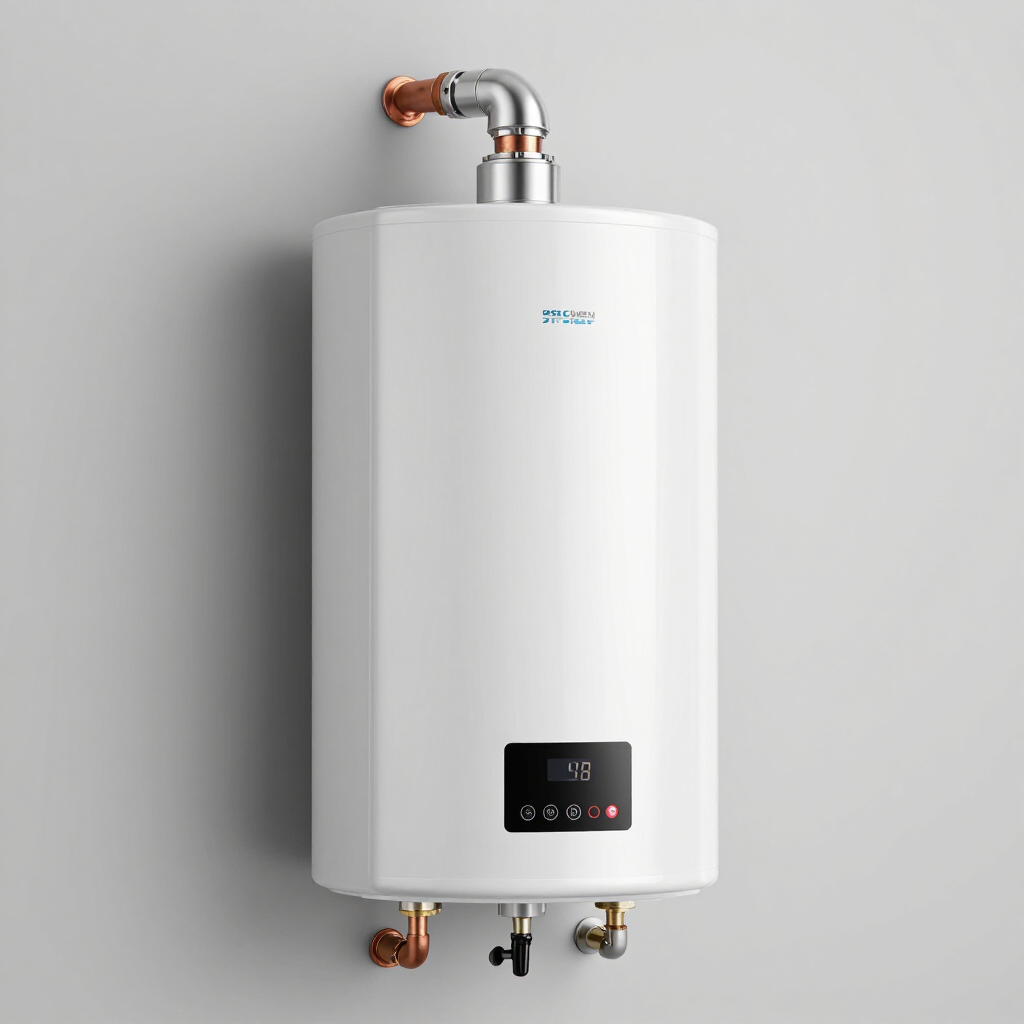 White wall-mounted water heater with digital control panel and copper pipes against a gray wall