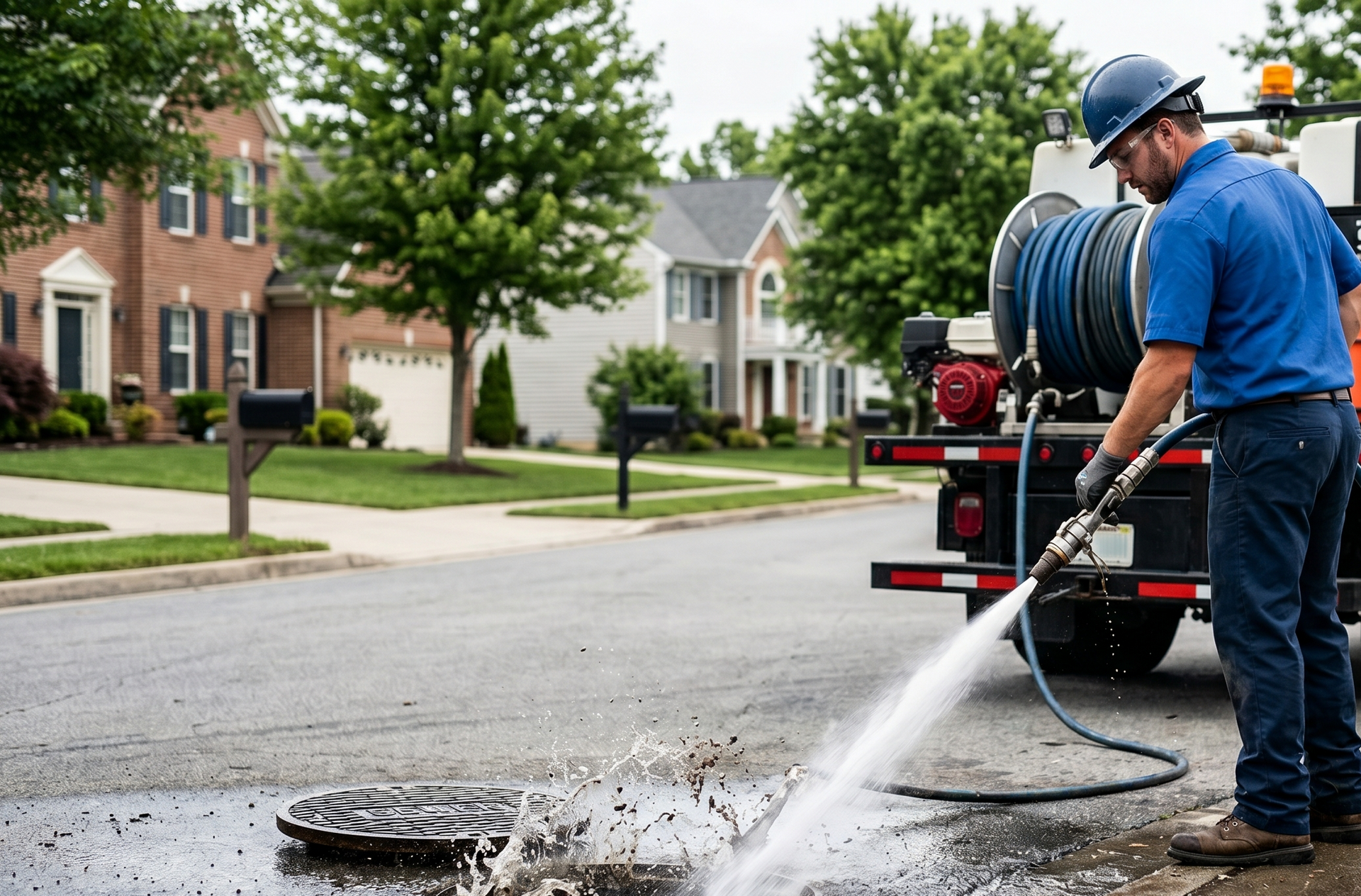 Worker using a hose to flush a street drain in a suburban neighborhood