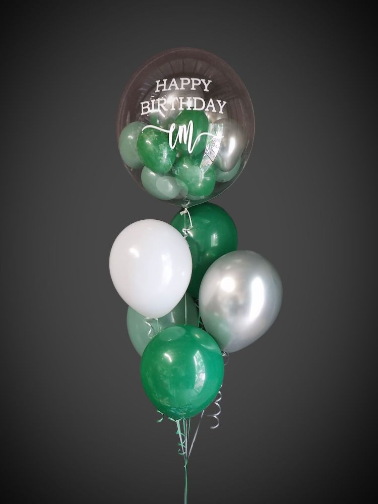bundle of Bubble balloons in the colours green silver and white 