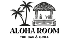 A black and white logo for aloha room tiki bar and grill.