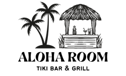 A black and white logo for aloha room tiki bar and grill.