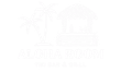A white logo with a house and palm trees on a white background.