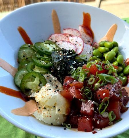 A bowl of Poke on a table at Aloha Room in Venice, CA