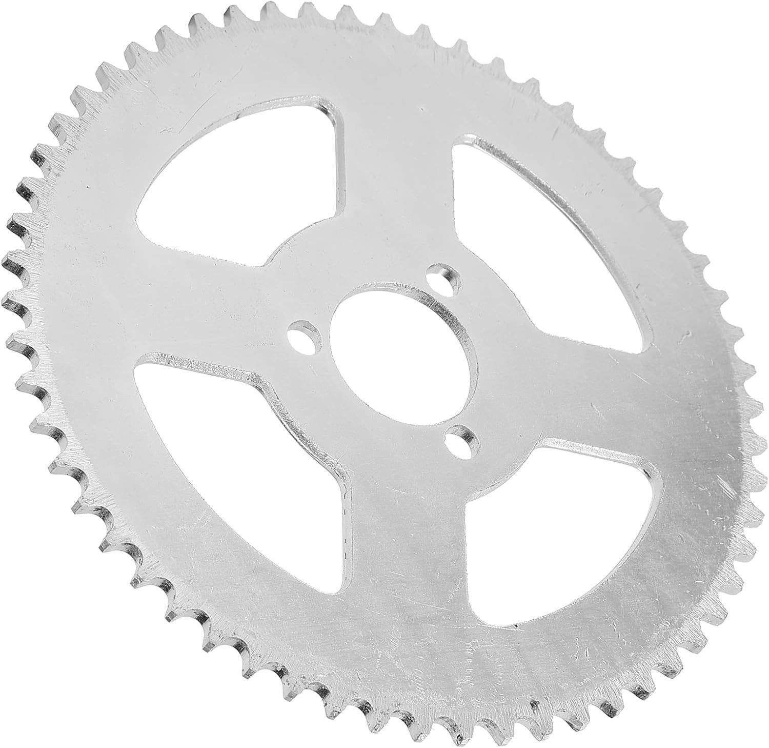 Silver metal sprocket with many teeth and central holes.