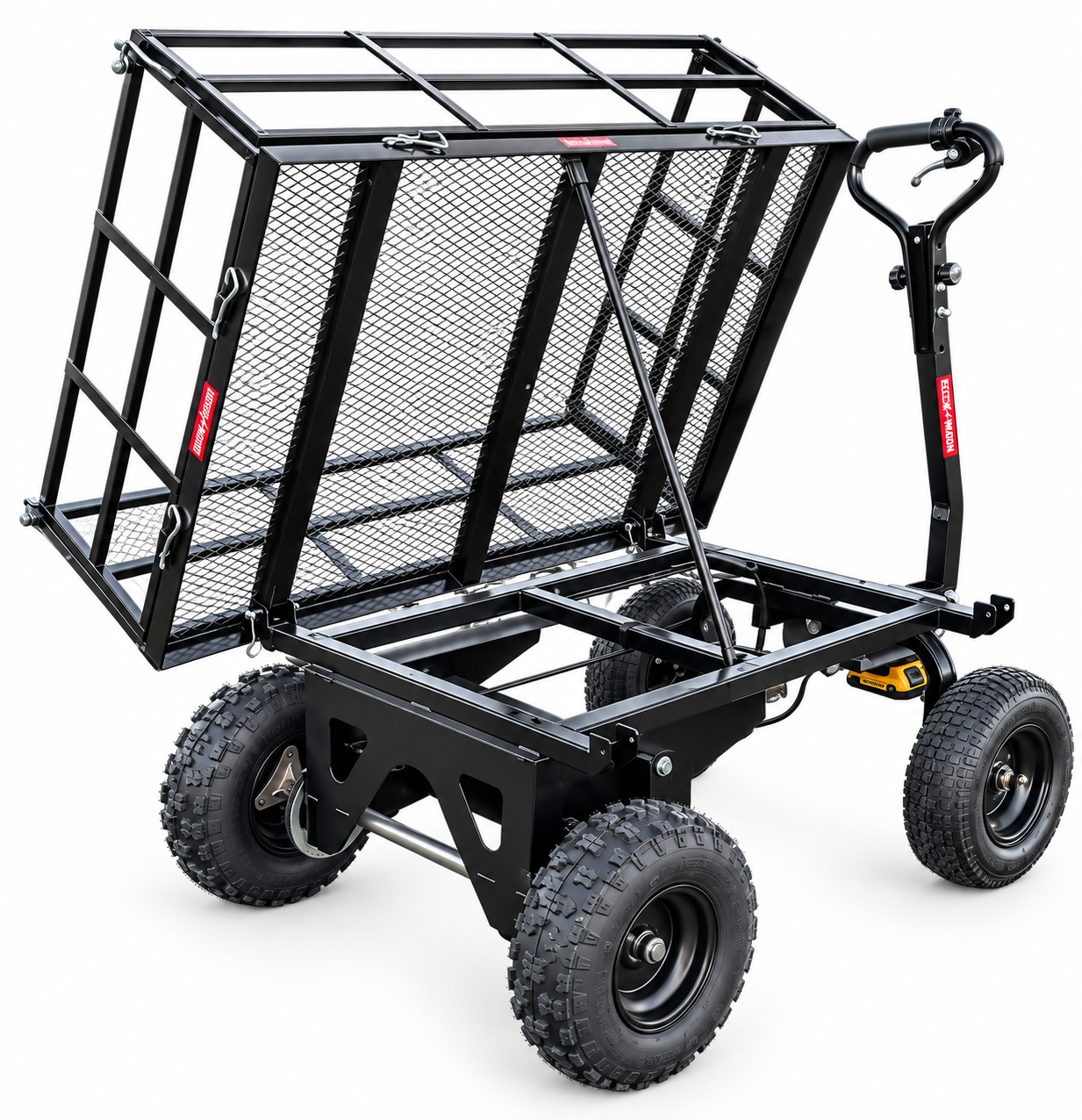 Black electric utility cart with a tilted mesh cargo bin and four large wheels on a white background