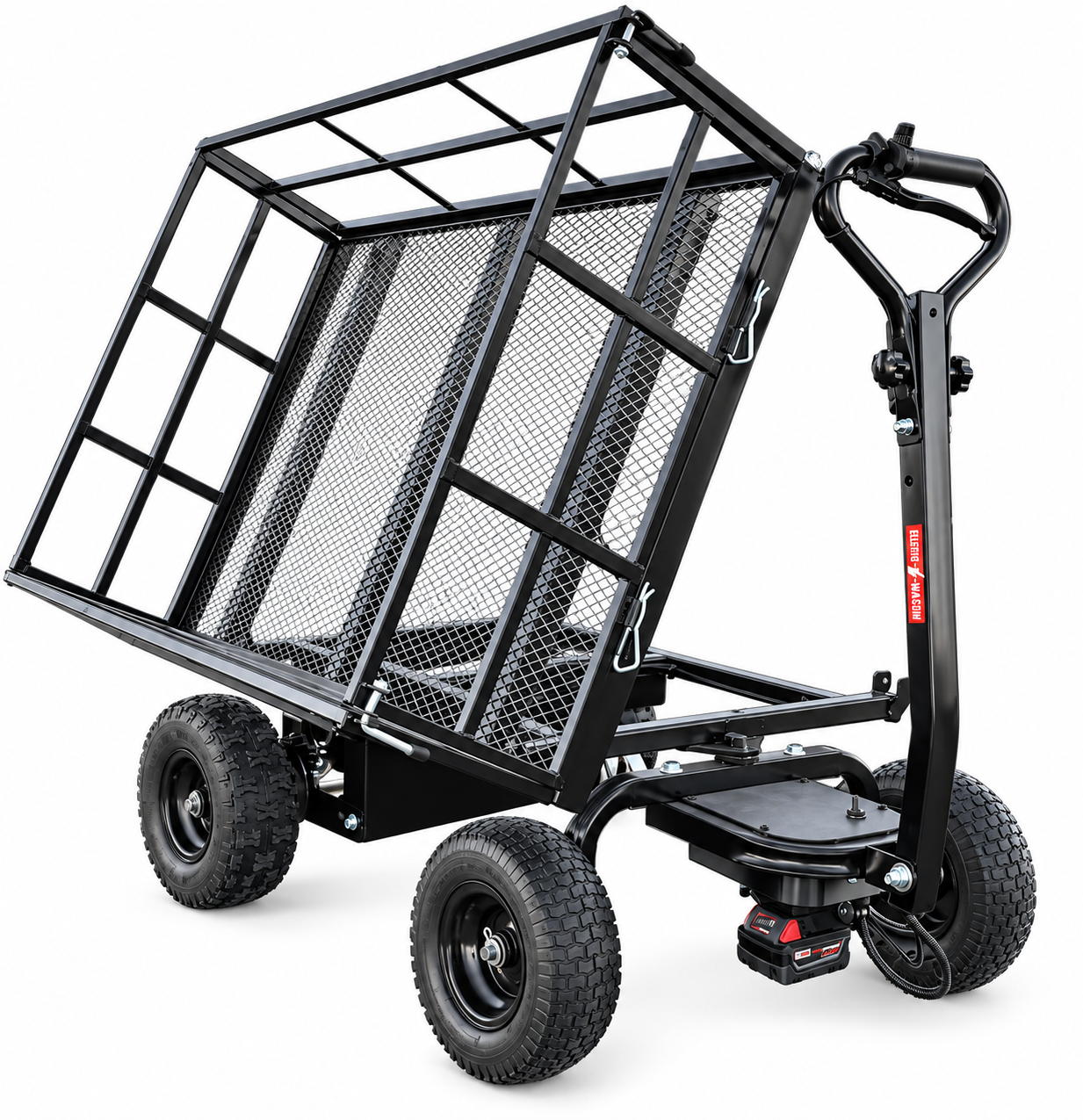Black electric utility cart with a tilted mesh cargo bin and four large wheels on a white background