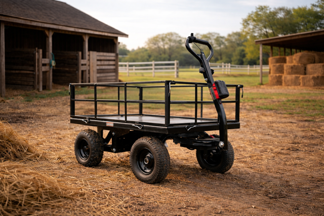 Man loading hay bales into a sturdy electric utility wagon