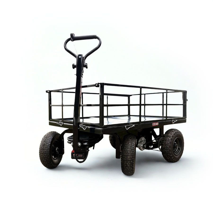 Black four-wheeled utility cart with handlebars and side rails on a white background