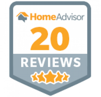 HomeAdvisor badge with 20 reviews and four orange stars on gray shield