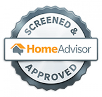 HomeAdvisor screened and approved badge with gray seal and orange-gray logo