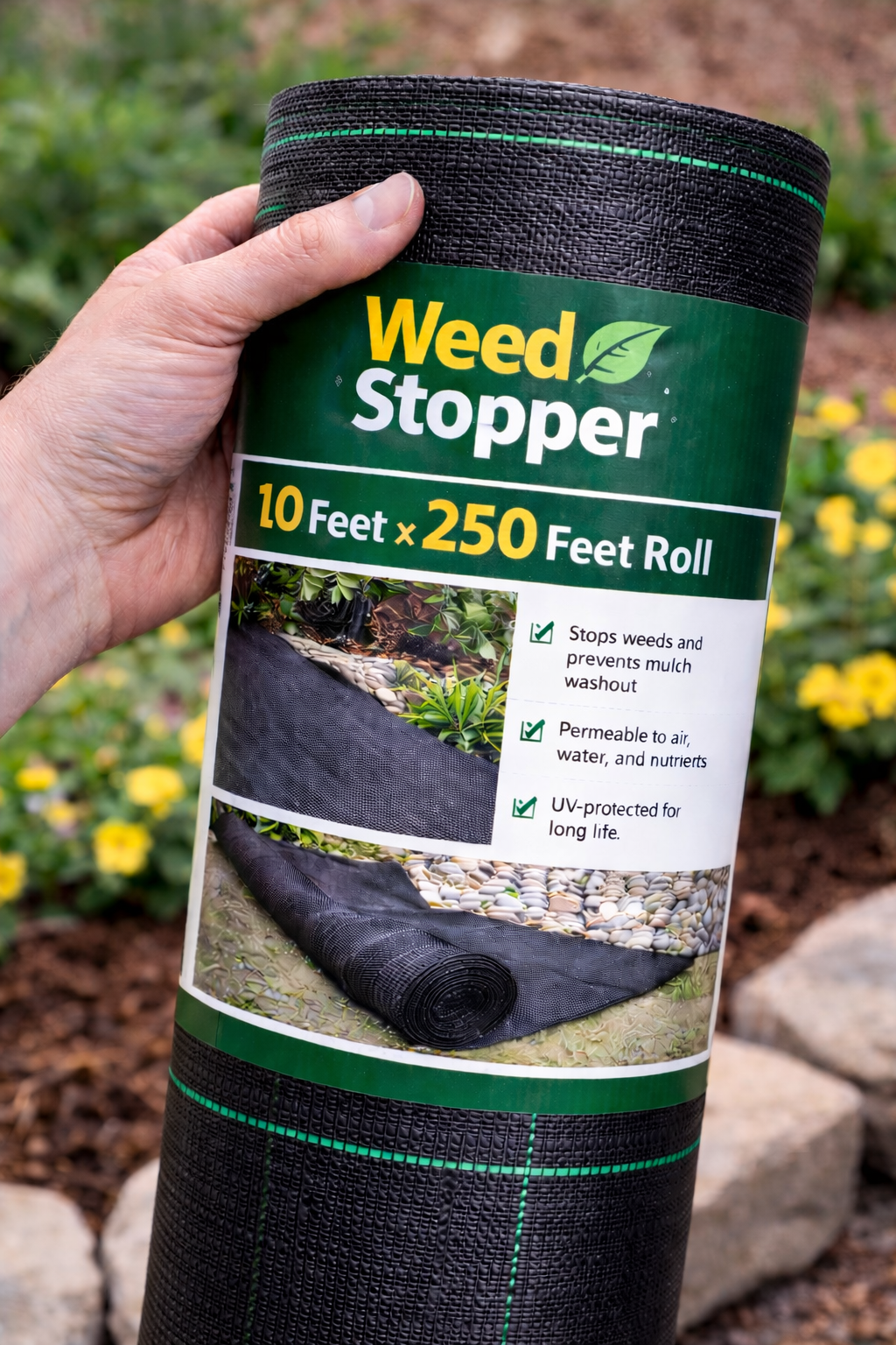 Hand holding a roll of black and green Weed Stopper landscape fabric, labeled 10 feet x 250 feet.