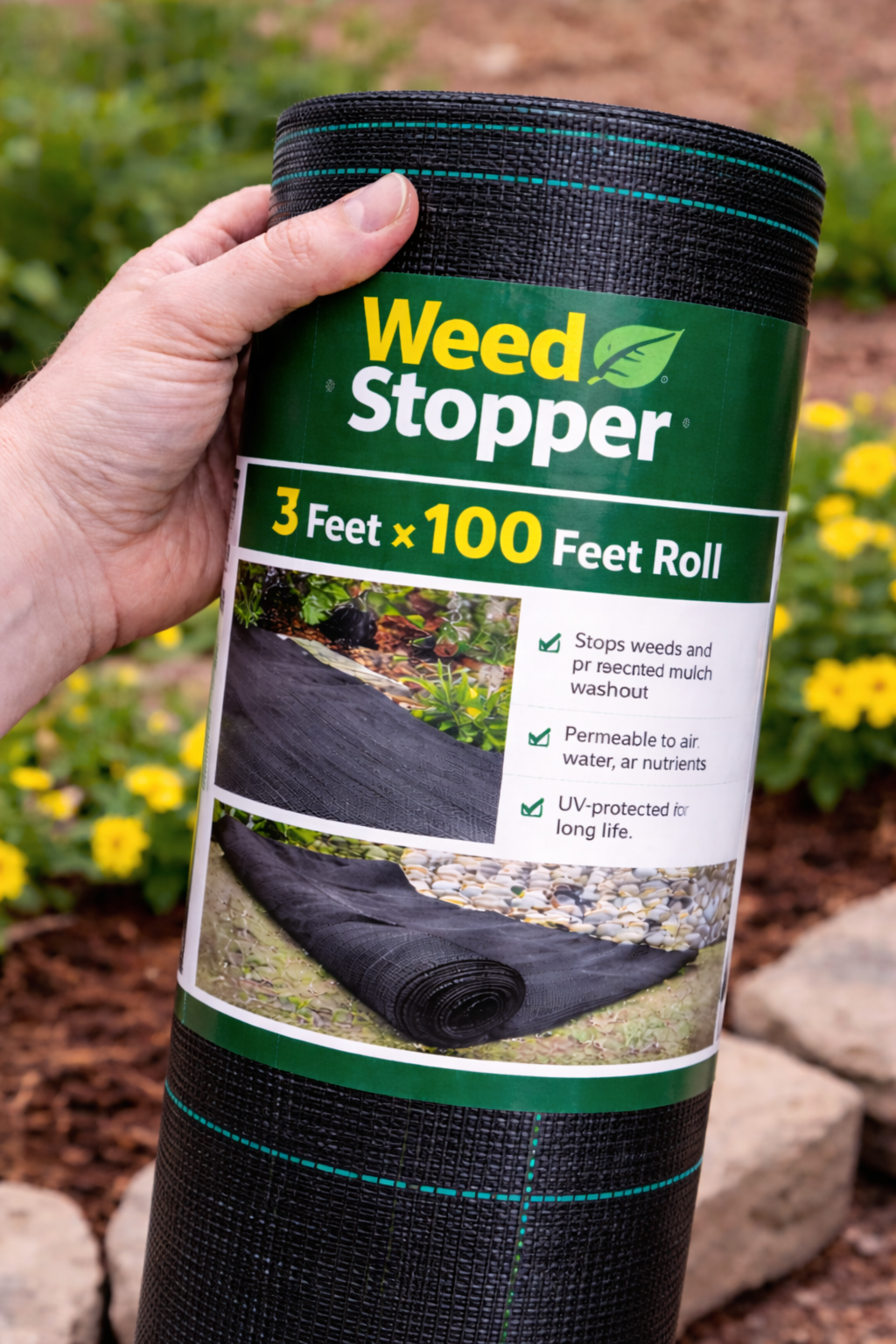 Hand holding a rolled black Weed Stopper landscape fabric package labeled 3 feet x 100 feet.