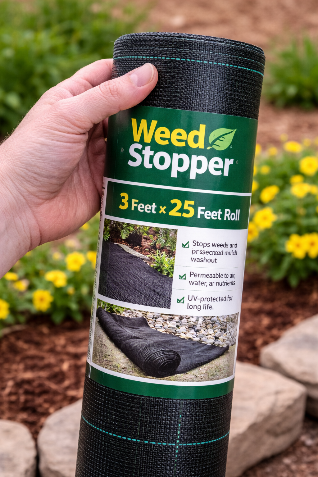 Hand holding a rolled Weed Stopper landscape fabric package in a garden bed