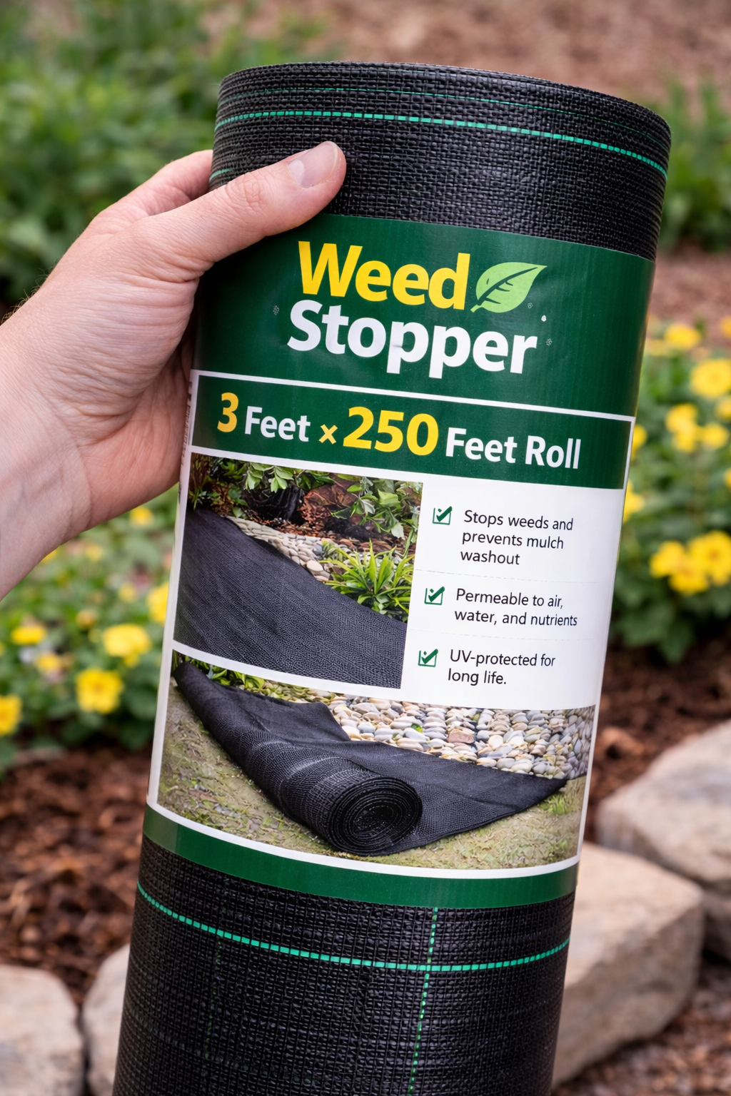 Hand holding a roll of black Weed Stopper landscape fabric, labeled 3 feet by 250 feet.