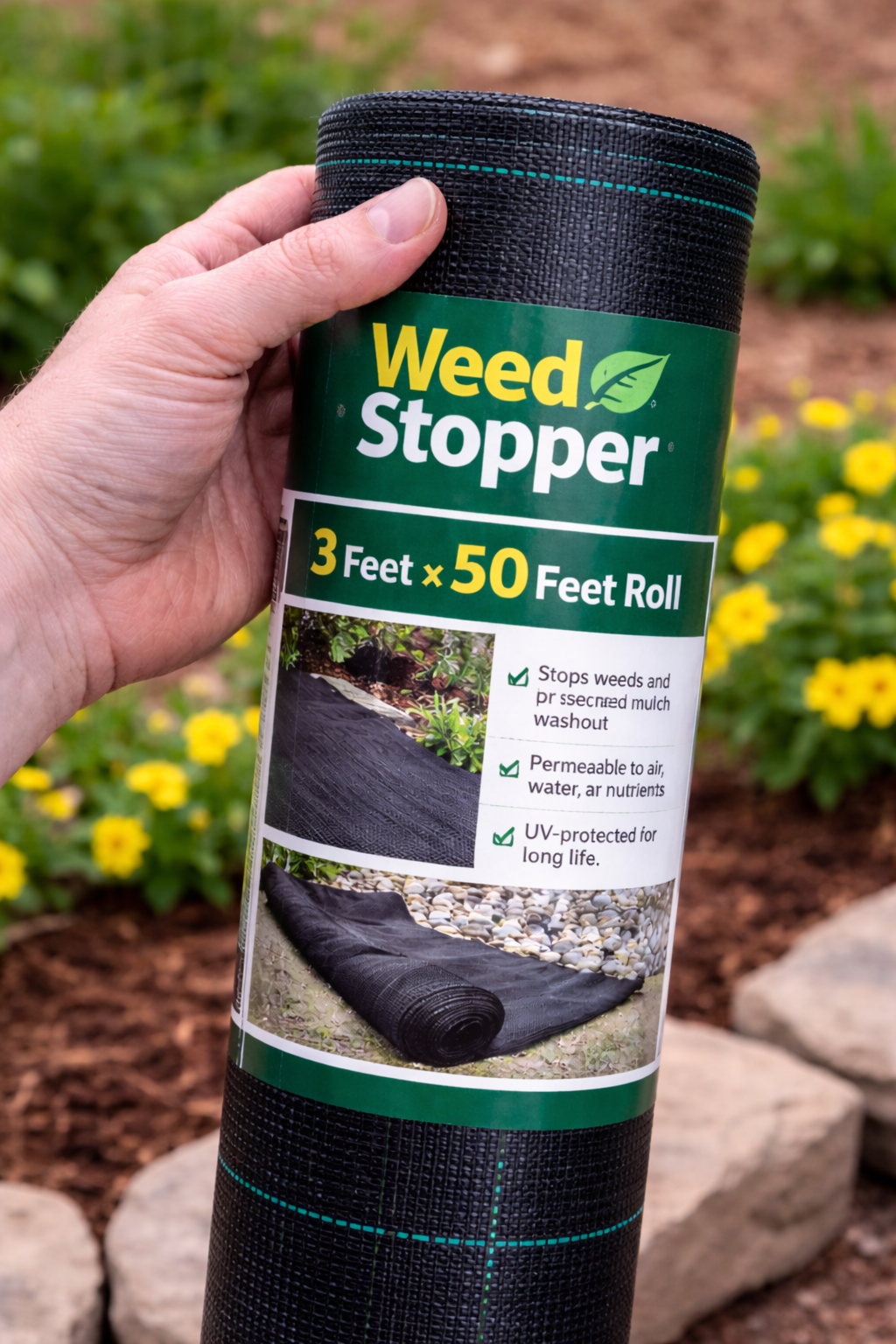 Hand holding a roll of black Weed Stopper landscape fabric with green and yellow label outdoors