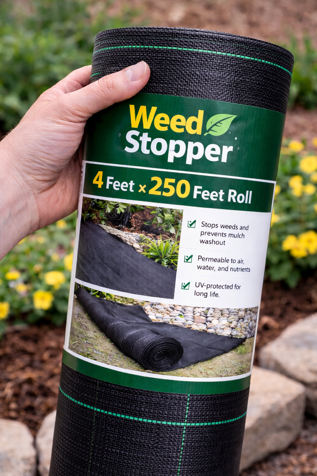 Hand holding a roll of green Weed Stopper landscape fabric, labeled 4 feet x 250 feet.