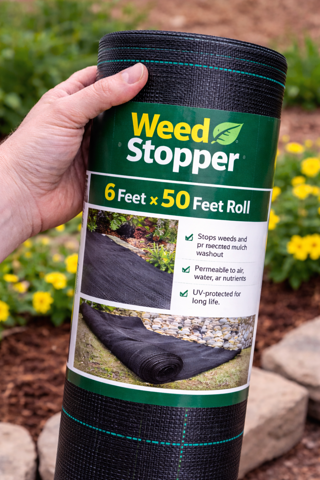 Hand holding a rolled black Weed Stopper landscape fabric package with green and yellow label outdoors