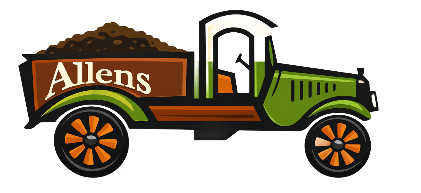 Allen's vintage green truck logo with orange wheels and brown signboard