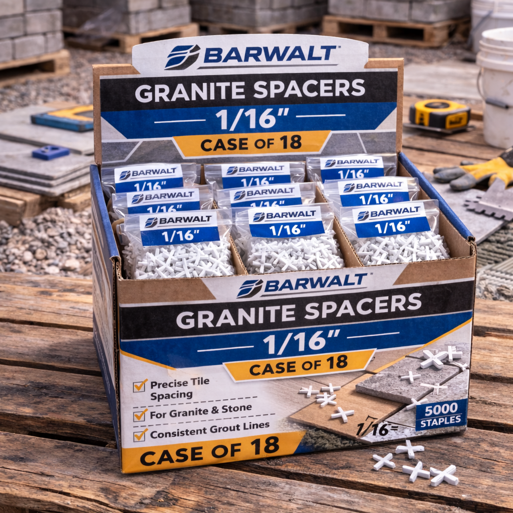 Boxes of Barwalt granite spacers on a wooden workbench, labeled 1/16 inch, case of 18.