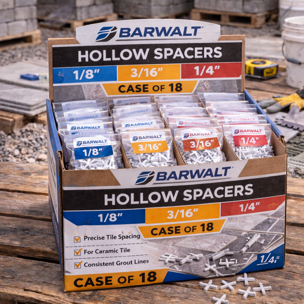 Box of Barwalt hollow spacers on a construction site, with assorted sizes in labeled packaging.
